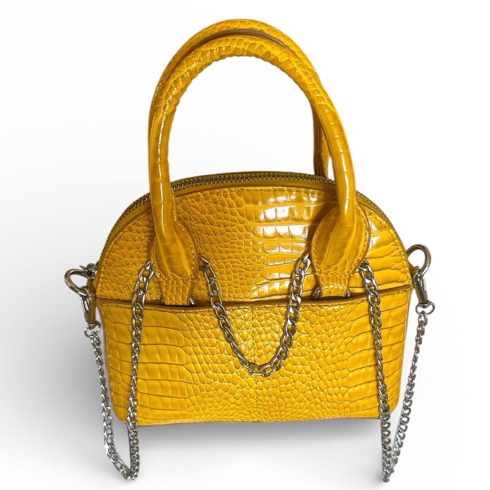 ZARA Mini Designer Inspired Croc-Embossed Top Handle Bag w Chain Straps Yellow